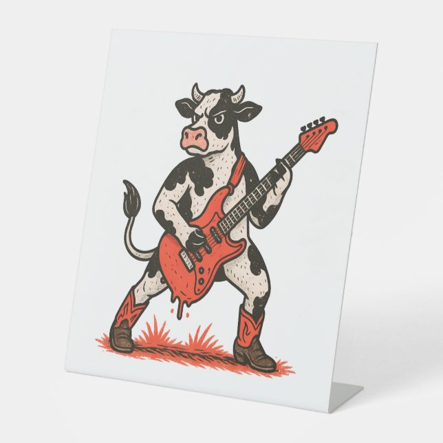 Signe De Table Rocker Cow, Vache Jouant de la guitare (Recto)