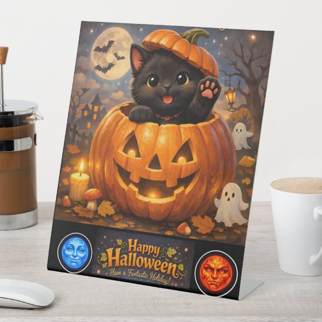 Signe De Table Roi chaton joyeux Halloween piédestal (In SItu)