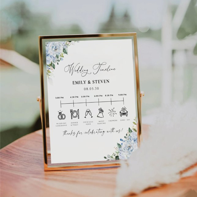 Signe De Table Romantic Light Blue Floral Wedding Timeline Sign (Créateur téléchargé)