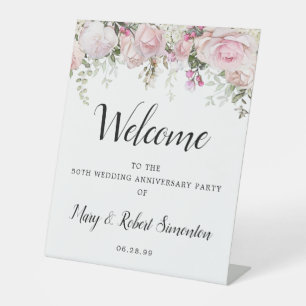 Signe De Table Rose Blanc Floral 50e anniversaire Mariage Bienven