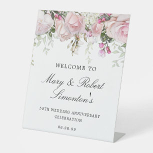 Signe De Table Rose Blanc Floral 50e anniversaire Mariage Bienven