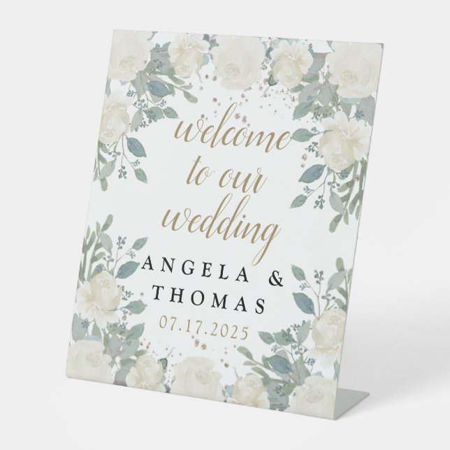 Signe De Table Rose d'hiver Blanc or Mariage Floral (Recto)