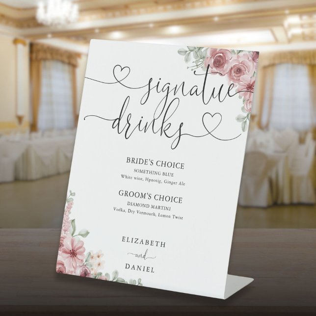 Signe De Table Rose Floral Heart Script Mariage Signature Boisson (Roses Floral Heart Script Wedding Signature Drinks Pedestal Sign)
