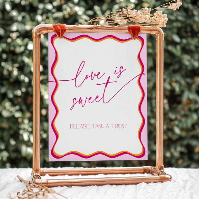 Signe De Table Rose Orange Wavy Bordure L'amour est doux Prenez u (Pink and orange wavy border love is sweet, please take a treat sign)