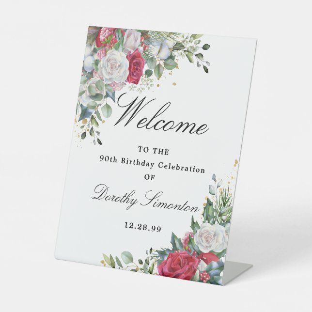 Signe De Table Rose Winter Greenery 90e anniversaire Bienvenue (Recto)