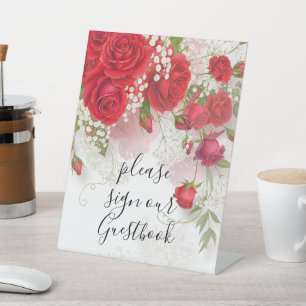 Signe De Table Roses Rouges & Gypsophile Élégant Mariage Floral