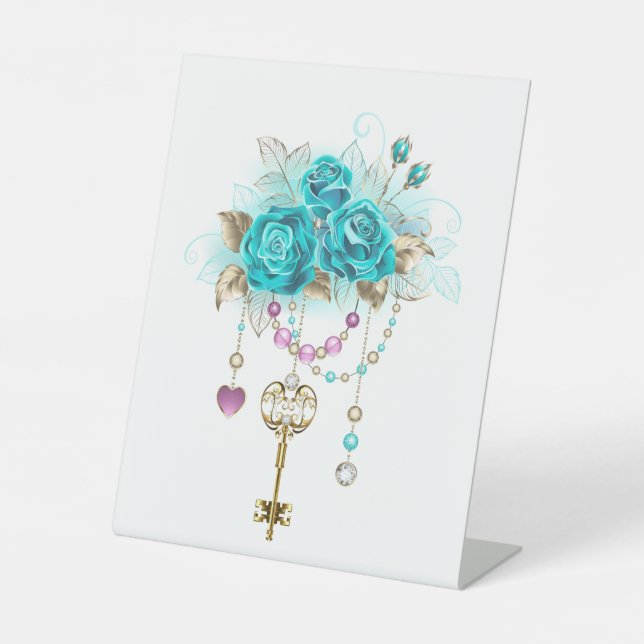Signe De Table Roses turquoise avec touches (Recto)
