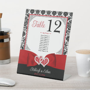 Signe De Table Rouge, Noir Coeurs d'Amour Mariage Numéro de table