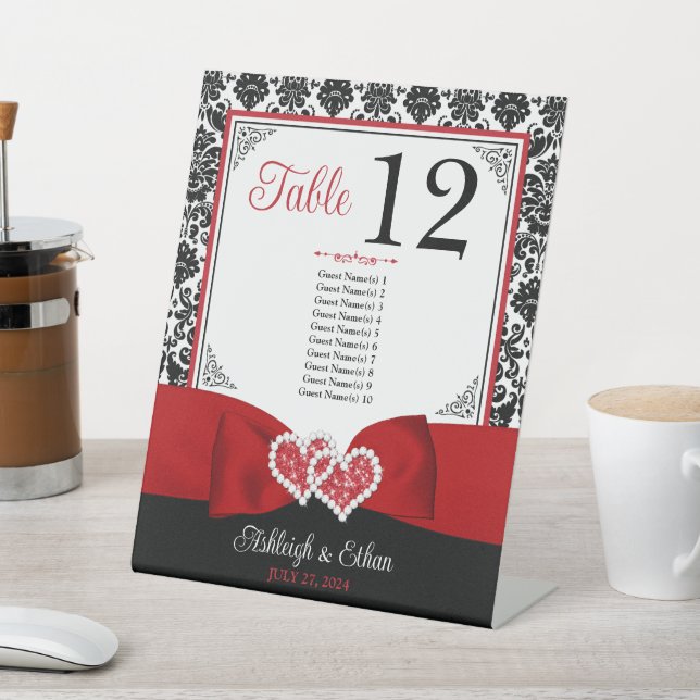 Signe De Table Rouge, Noir Coeurs d'Amour Mariage Numéro de table (In SItu)