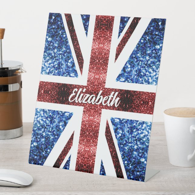 Signe De Table Royaume-Uni rouge bleu parties scintillant Nom per (In SItu)