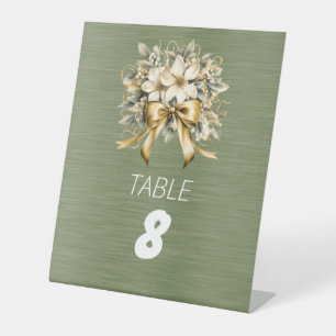 Signe De Table Ruban d'or blanc à feuille verte d'hiver