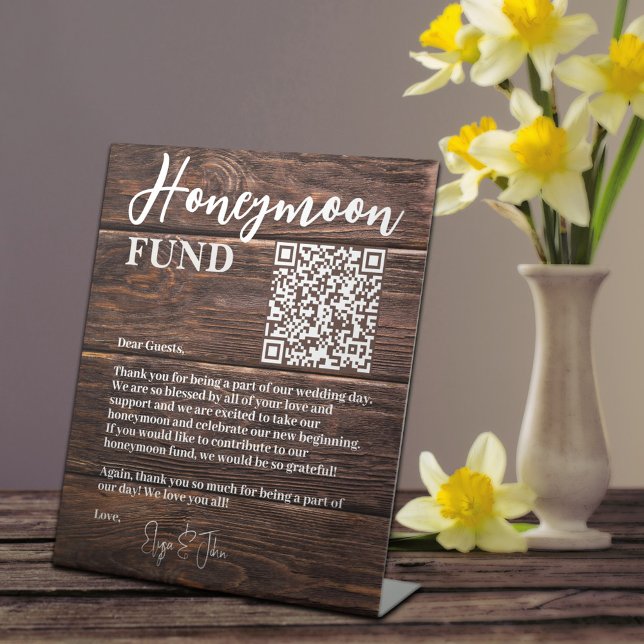 Signe De Table Rustic Brown Wood Elegant QR Code Honeymoon Fund (Créateur téléchargé)