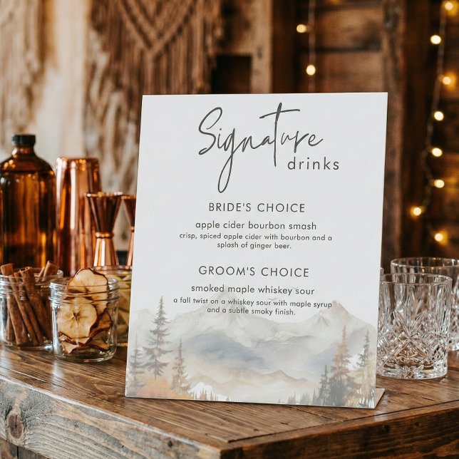 Signe De Table Rustic Fall Mountain Scene Wedding Signature Drink (Créateur téléchargé)