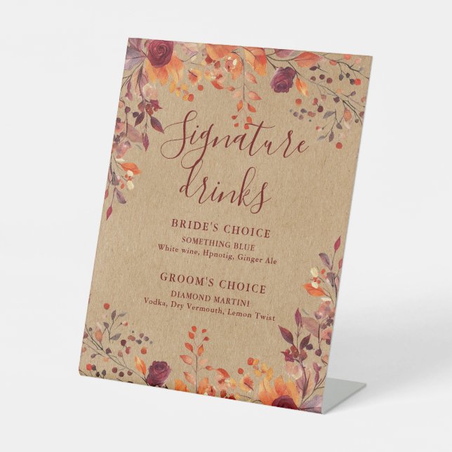 Signe De Table Rustic Kraft Automne Automne Floral Signature Bois (Recto)