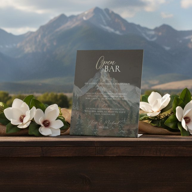 Signe De Table Rustic Mountain Brown Open Bar Wedding  (Rustic Mountain Brown Open Bar Wedding Pedestal Sign)