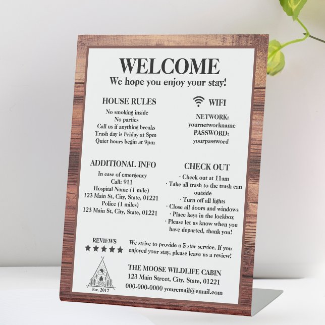 Signe De Table Rustic Wood Cabine Location de propriété Bienvenue (Rustic Wood Cabin Rental Property Welcome Pedestal Sign
)