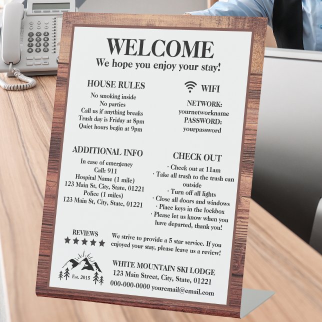Signe De Table Rustic Wood Cabine Lodge Location de propriété Bie (Rustic Wood Cabin Lodge Rental Property Welcome Pedestal Sign
)