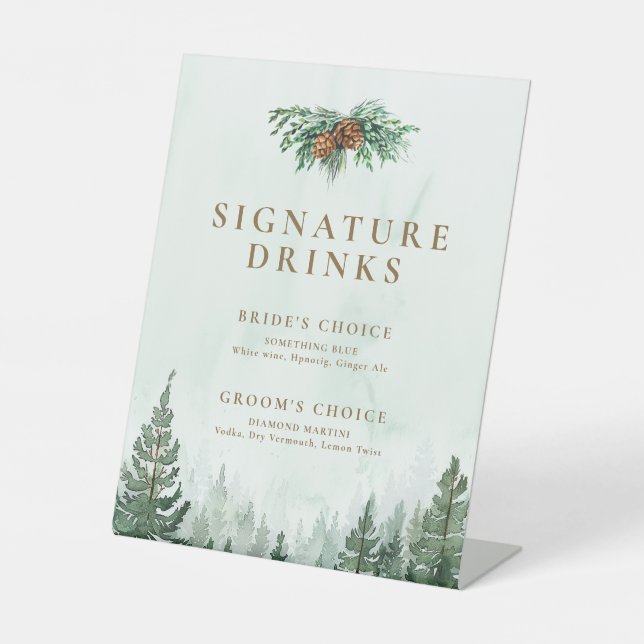 Signe De Table Rustique Aquarelle Pine Tree Forêt Signature Boiss (Recto)