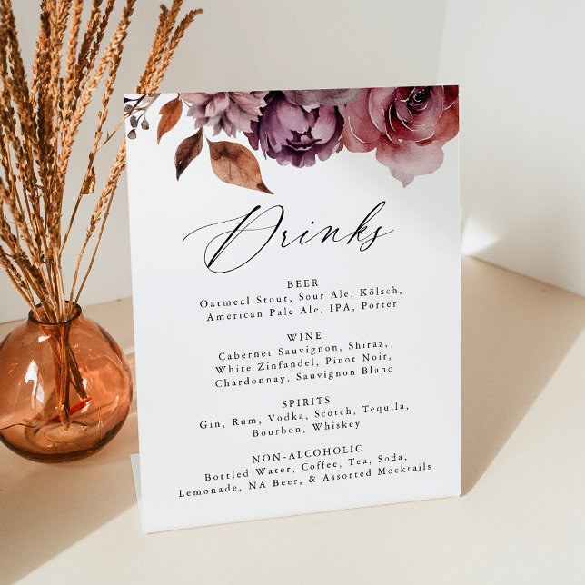 Signe De Table Rustique Automne Marsala Floral Mariage Menu Boiss (Créateur téléchargé)