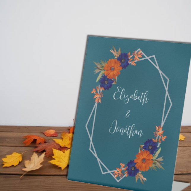 Signe De Table Rustique Automne Orange Navy Bleu Floral Mariage (Créateur téléchargé)