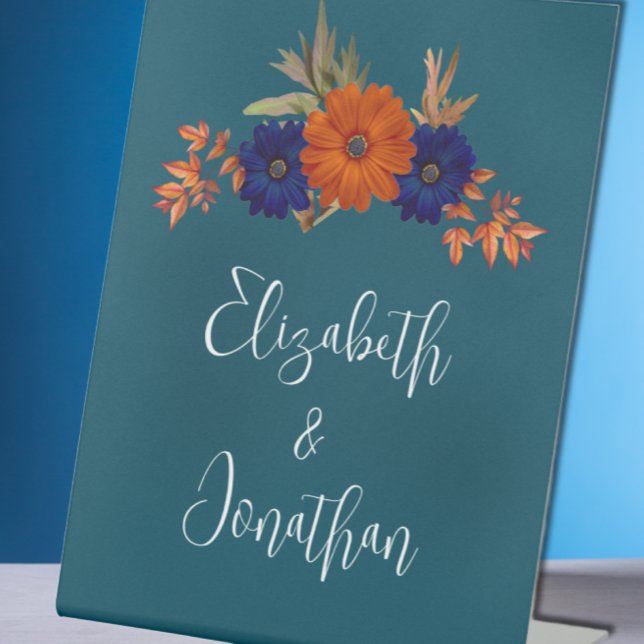 Signe De Table Rustique Automne Orange Navy Bleu Floral Mariage (Créateur téléchargé)