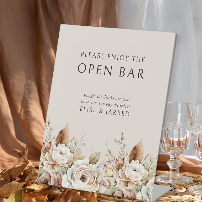 Signe De Table Rustique Floral Brown Neutre Mariage Open Bar (Open bar sign from the Rustic Floral Brown Neutral Wedding Collection by Darling & May)