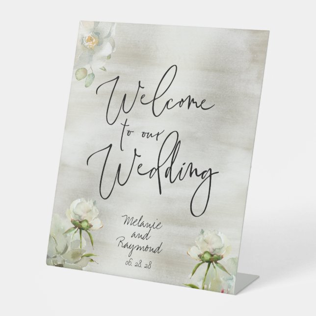 Signe De Table Sage Gold Floral Bienvenue Notre Mariage manuscrit (Recto)