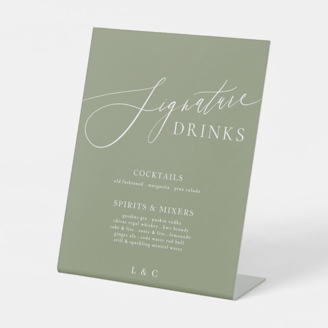 Signe De Table Sage Green Calligraphie Mariage Signature Boissons (Recto)