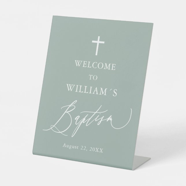 Signe De Table Sage Green Croix blanche Boy Baptism Affiche de bi (Recto)