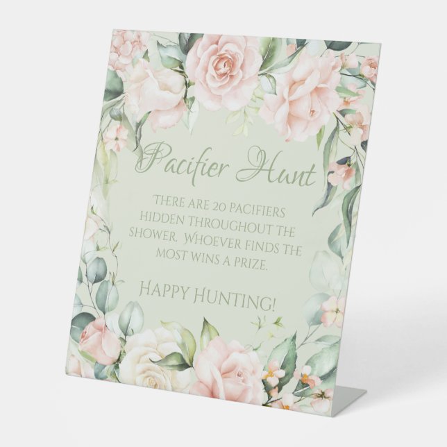 Signe De Table Sage Green Floral Baby shower Pacifier chasse jeu (Recto)