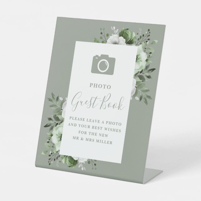 Signe De Table Sage Green Floral Photo Mariage du livre d'or (Recto)