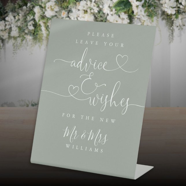 Signe De Table Sage Green Heart Script Conseils Et Vœux (Sage Green Heart Script Advice And Wishes Pedestal Sign)