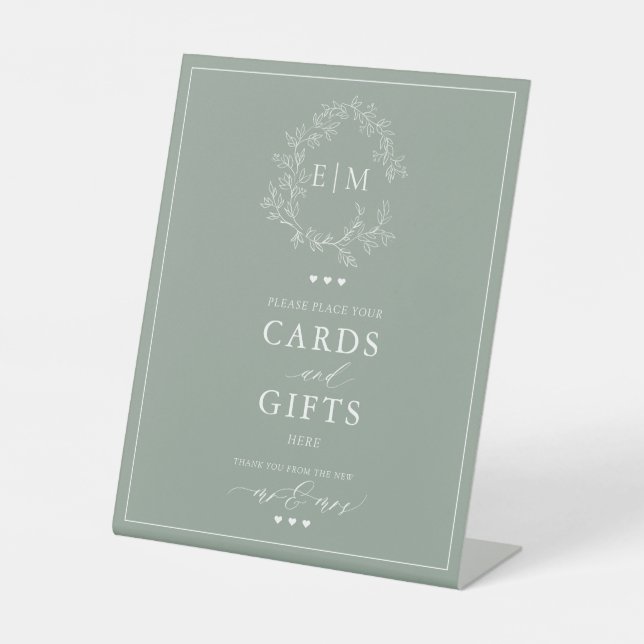 Signe De Table Sage Green Leafree Crest Monogramme Carte & Cadeau (Recto)