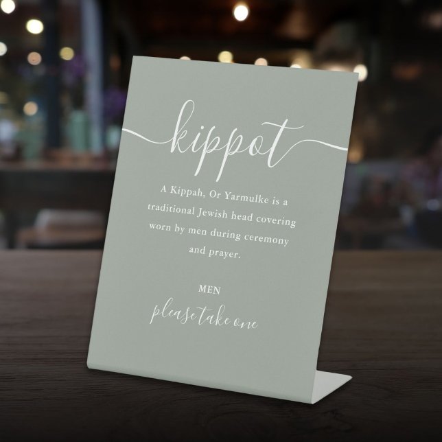 Signe De Table Sage Green Mariage juif Kippot Script Yarmulke (Sage Green Jewish Wedding Kippot Script Yarmulke Pedestal Sign)