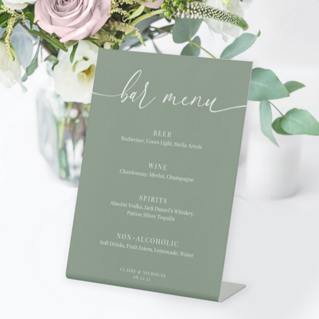 Signe De Table Sage Green Modern Elegant Wedding Bar Menu (Créateur téléchargé)