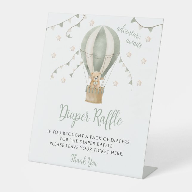 Signe De Table Sage Green Teddy Bear Balloon Baby Diaper Raffle (Recto)