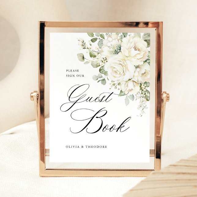 Signe De Table Sage Green White Floral Guest Book Wedding Table (Sage green white floral wedding guest book sign, watercolor roses frame sign for reception table)