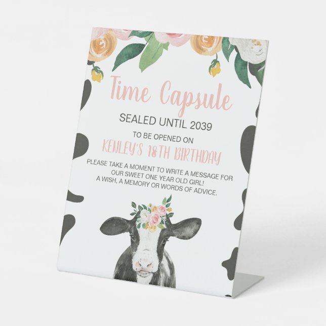 Signe De Table Saint Vache rose Floral 1er Anniversaire Heure Cap (Recto)