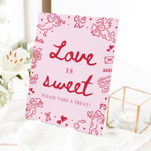 Signe De Table Saint-Valentin Moderne Dessinée à la Main Rose L'A (Pink Hand Drawn Modern Valentine Love is Sweet Sign)