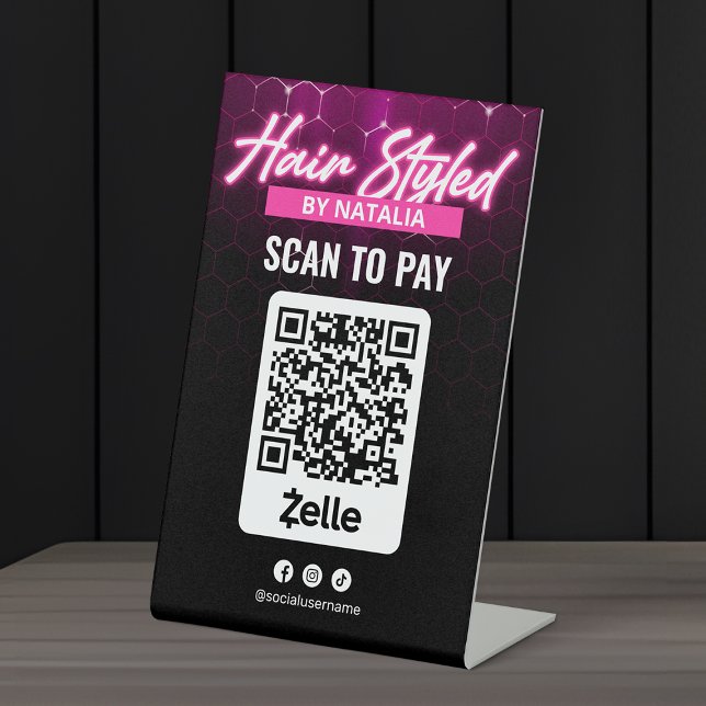 Signe De Table Salon de coiffure moderne rose Zelle Scan pour pay (Créateur téléchargé)