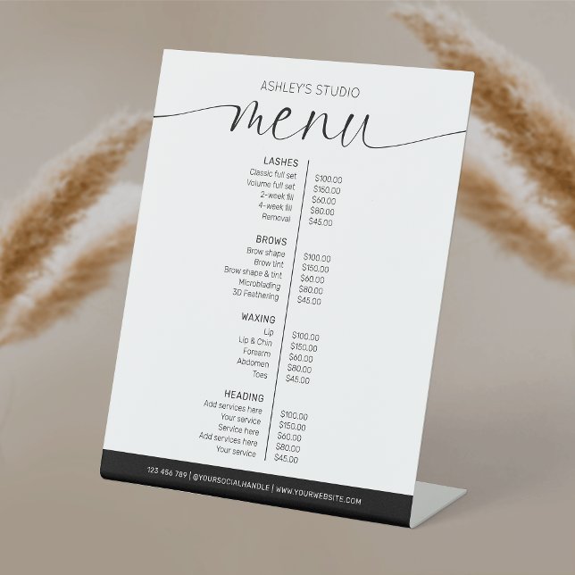 Signe De Table Salon de coiffure noir et blanc minimum Menu Prix (Simple black and white menu pedestal sign, great for your business price list)