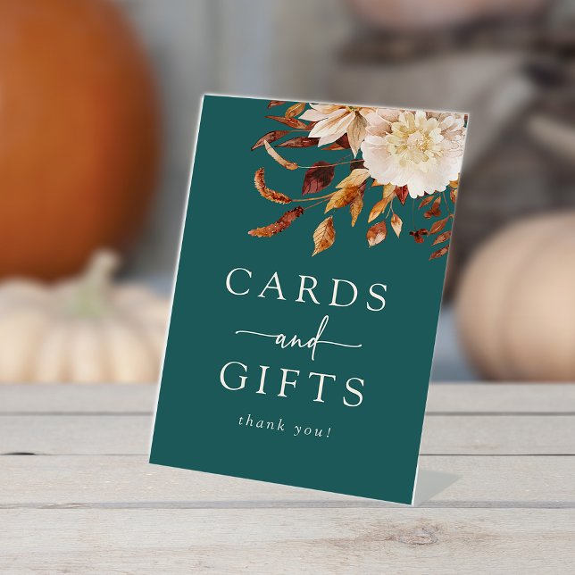 Signe De Table Sarcelle d'automne rustique (Rustic Fall Leaves Teal Cards and Gifts Pedestal Sign by Painted Paperie
)