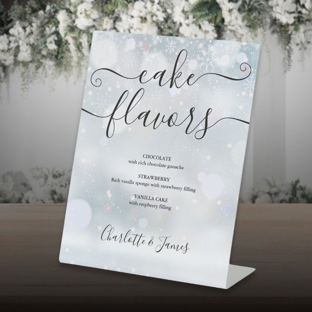 Signe De Table Saveurs de gâteau de script de signature de flocon (Winter Snowflakes Signature Script Cake Flavors Pedestal Sign)