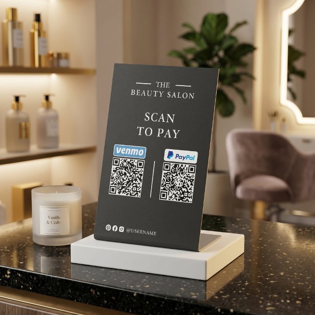 Signe De Table Scan du code QR Venmo et PayPal en charbon foncé p (Dark Charcoal Venmo and PayPal QR Code Scan to Pay Table Sign for Salon & Lash Tech · ROULIV)