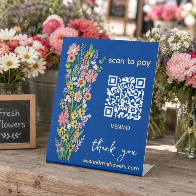 Signe De Table SCAN POUR PAYER QR Fleuriste Fleurs peintes à la m (SCAN TO PAY QR Code Florist Handpainted Flowers Farmers Market Farmstand Pedestal Sign
)