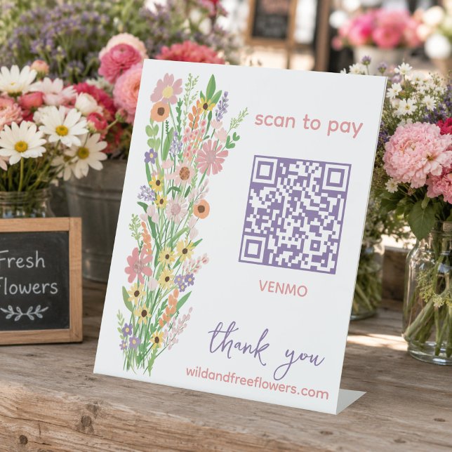 Signe De Table SCAN POUR PAYER QR Fleuriste Fleurs peintes à la m (SCAN TO PAY QR Code Florist Handpainted Flowers Farmers Market Farmstand Pedestal Sign
)
