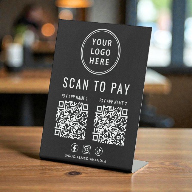 Signe De Table Scan to Pay 2 QR Codes Business Logo Black (Scan to Pay 2 QR Codes Business Logo Black Pedestal Sign)