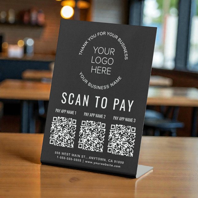 Signe De Table Scan to Pay 3 Codes QR Logo Entreprise Noir (Scan to Pay 3 QR Codes Business Logo Black Pedestal Sign)