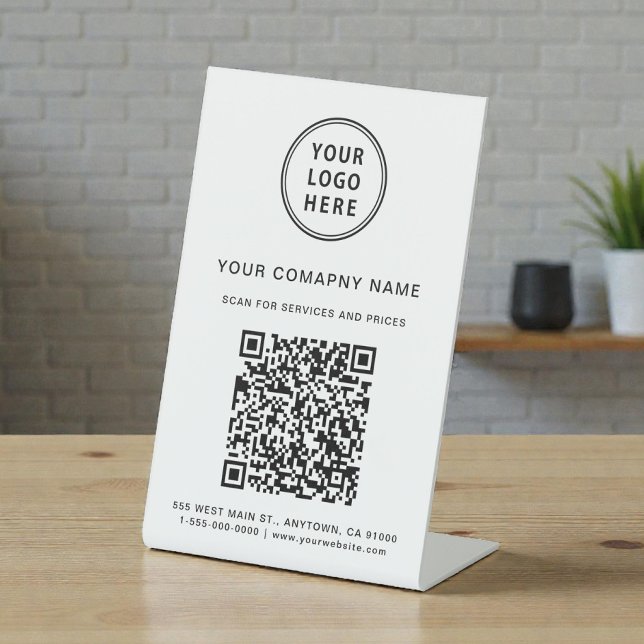 Signe De Table Scanner le logo de l'entreprise Créez votre code Q (Business Logo Scan Me Create Your QR Code Pedestal Sign)