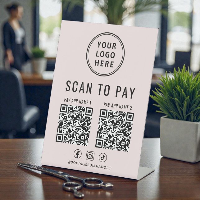 Signe De Table Scanner pour payer 2 codes QR Logo Entreprise Rose (Scan to Pay 2 QR Codes Business Logo Pink Pedestal Sign)